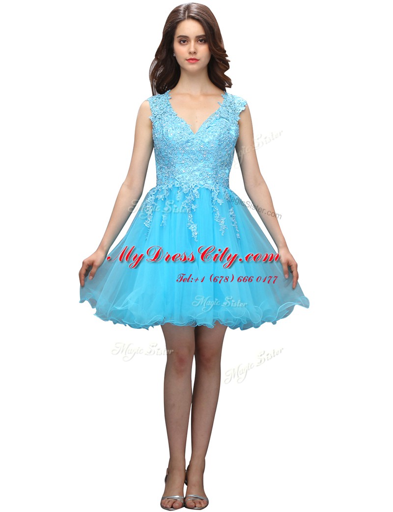 Flirting Aqua Blue V-neck Backless Appliques Prom Dress Sleeveless