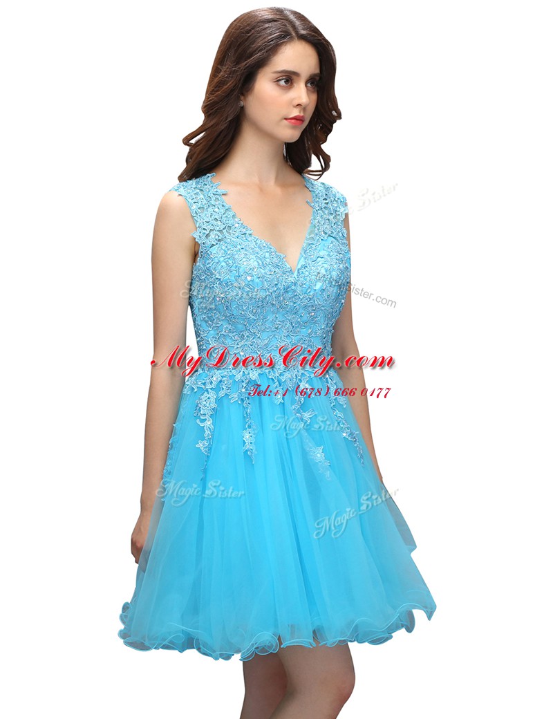 Flirting Aqua Blue V-neck Backless Appliques Prom Dress Sleeveless