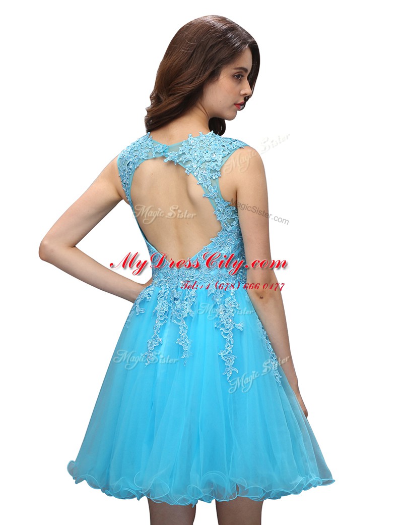 Flirting Aqua Blue V-neck Backless Appliques Prom Dress Sleeveless