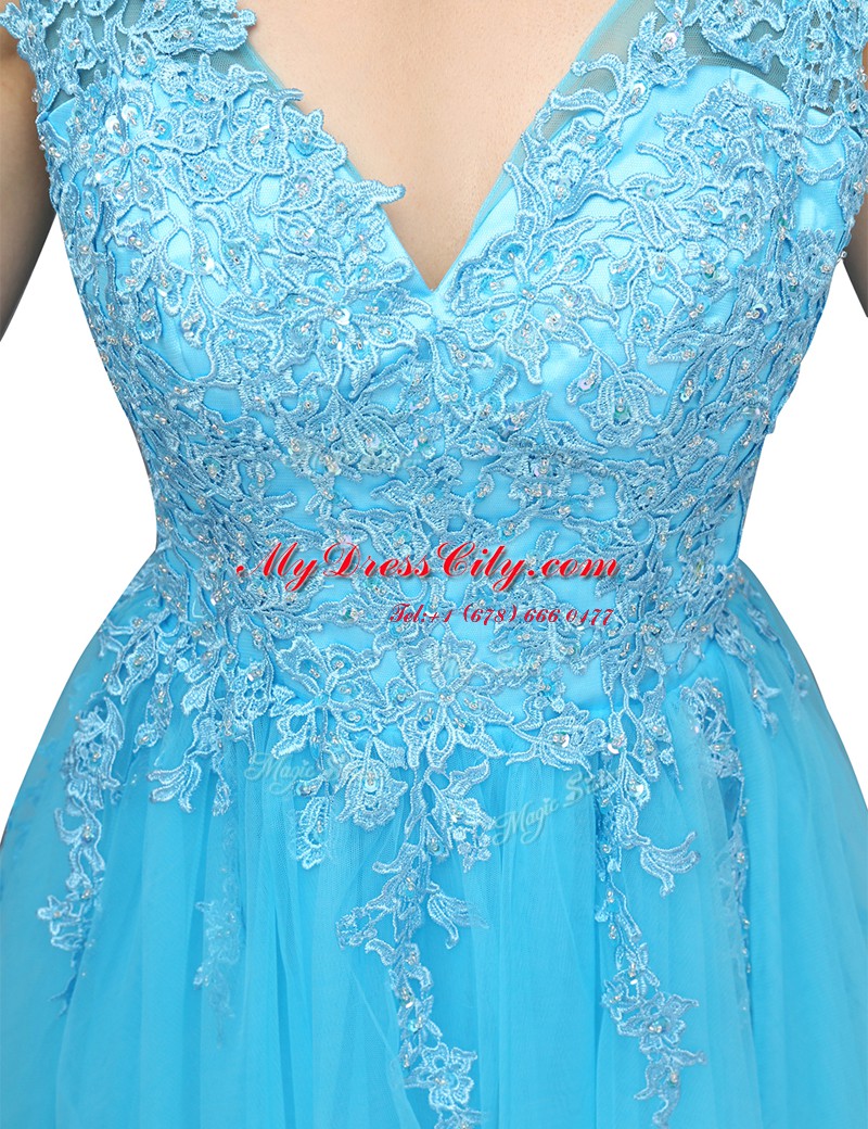 Flirting Aqua Blue V-neck Backless Appliques Prom Dress Sleeveless