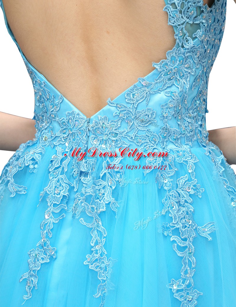 Flirting Aqua Blue V-neck Backless Appliques Prom Dress Sleeveless