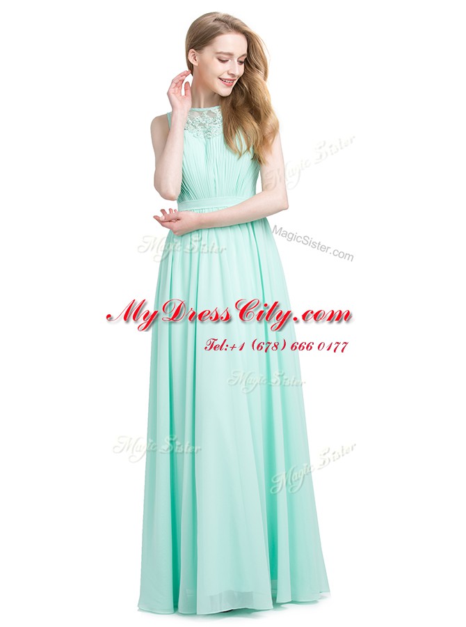 Noble Bateau Sleeveless Prom Dresses Floor Length Appliques Turquoise Chiffon