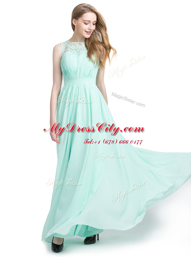 Noble Bateau Sleeveless Prom Dresses Floor Length Appliques Turquoise Chiffon