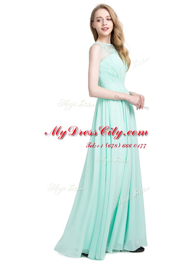 Noble Bateau Sleeveless Prom Dresses Floor Length Appliques Turquoise Chiffon