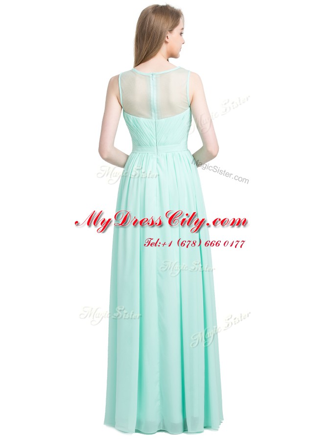 Noble Bateau Sleeveless Prom Dresses Floor Length Appliques Turquoise Chiffon