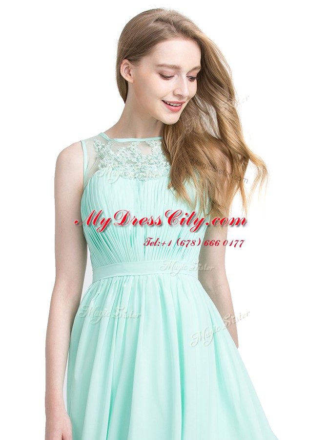 Noble Bateau Sleeveless Prom Dresses Floor Length Appliques Turquoise Chiffon