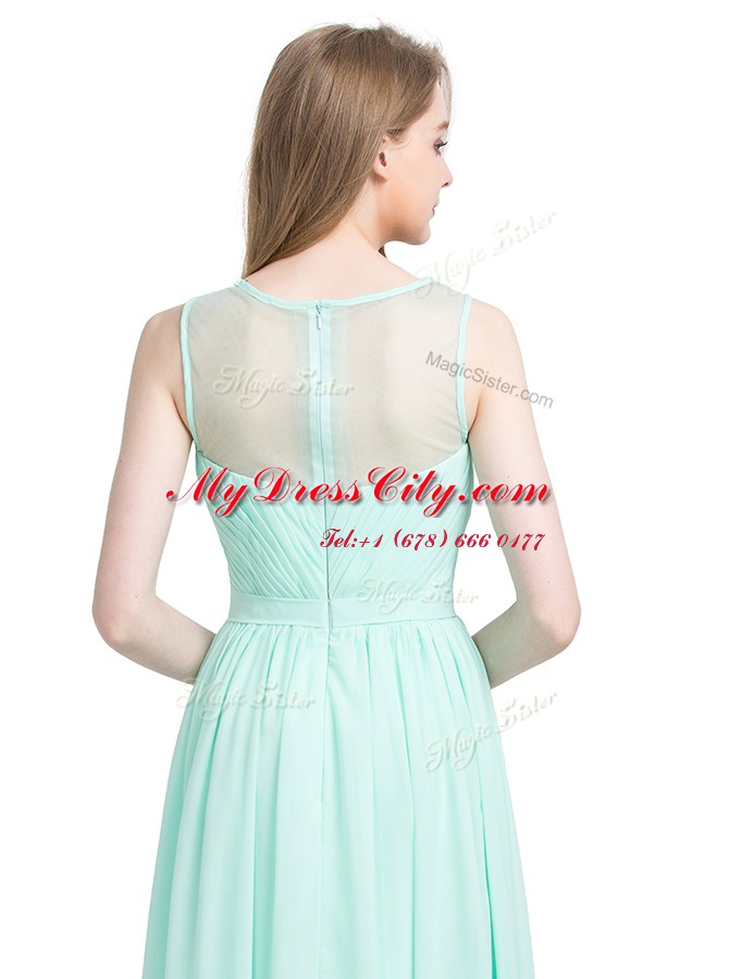 Noble Bateau Sleeveless Prom Dresses Floor Length Appliques Turquoise Chiffon