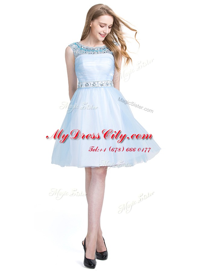 Customized Scoop Sleeveless Knee Length Beading Zipper Dress for Prom with Light Blue