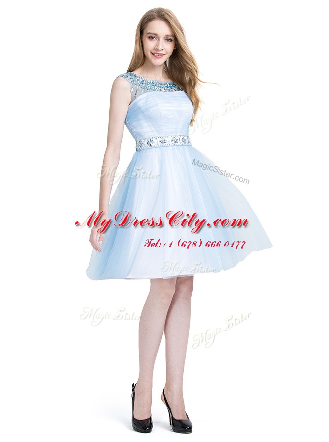 Customized Scoop Sleeveless Knee Length Beading Zipper Dress for Prom with Light Blue