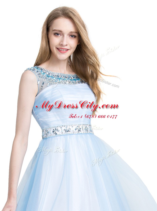 Customized Scoop Sleeveless Knee Length Beading Zipper Dress for Prom with Light Blue