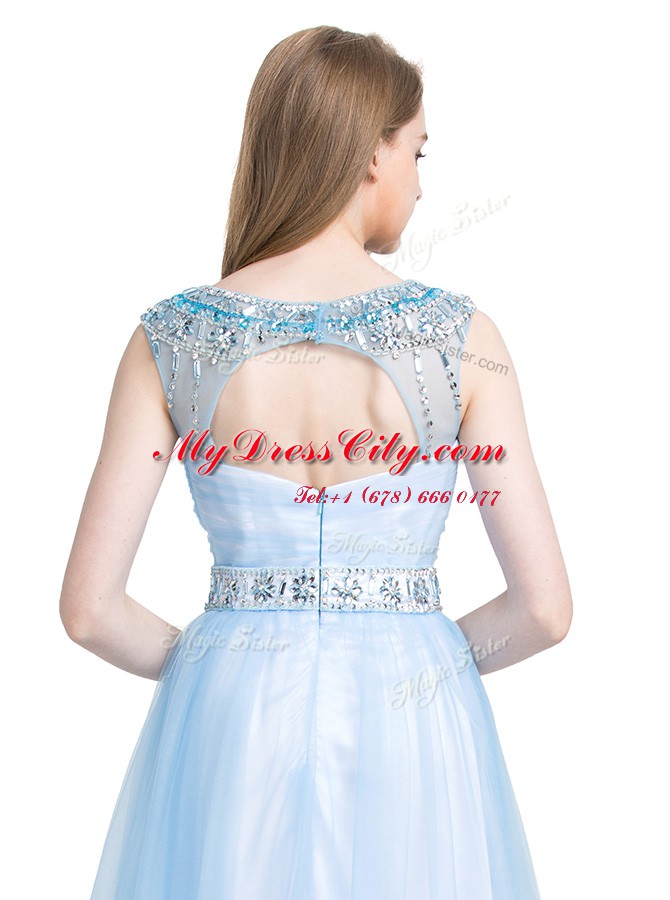 Customized Scoop Sleeveless Knee Length Beading Zipper Dress for Prom with Light Blue