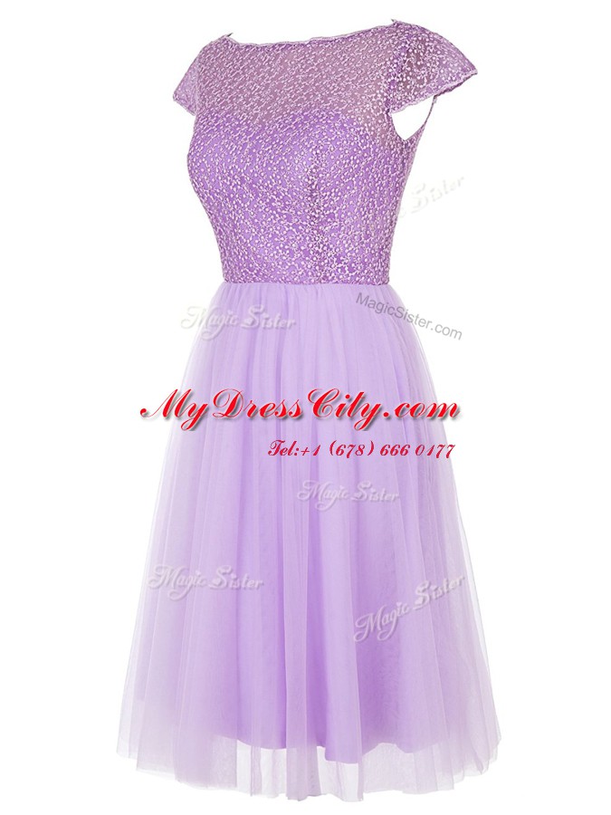 Amazing Lavender Homecoming Dress Prom and Party and For with Beading Bateau Cap Sleeves Zipper