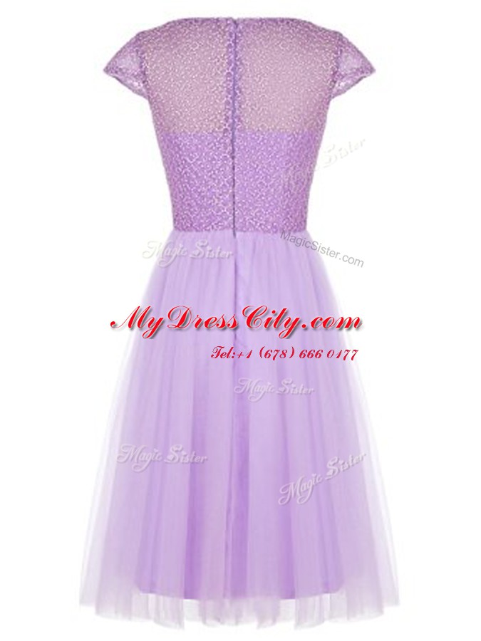 Amazing Lavender Homecoming Dress Prom and Party and For with Beading Bateau Cap Sleeves Zipper