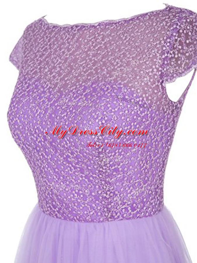 Amazing Lavender Homecoming Dress Prom and Party and For with Beading Bateau Cap Sleeves Zipper