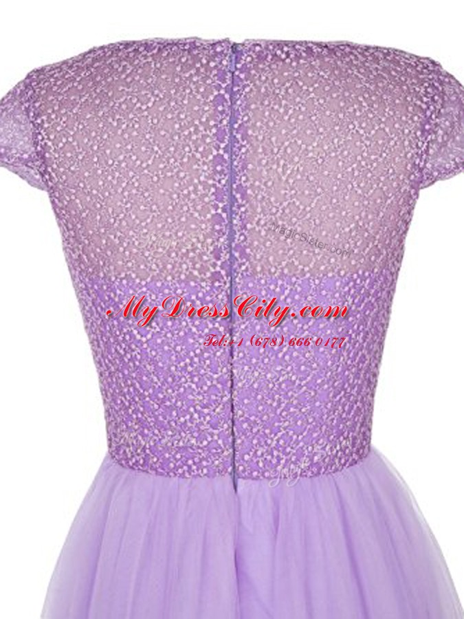 Amazing Lavender Homecoming Dress Prom and Party and For with Beading Bateau Cap Sleeves Zipper