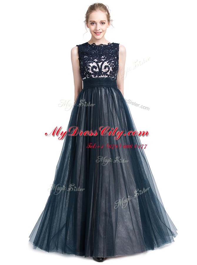 Captivating Scalloped Navy Blue Column/Sheath Beading and Lace Evening Dress Zipper Tulle Sleeveless Floor Length