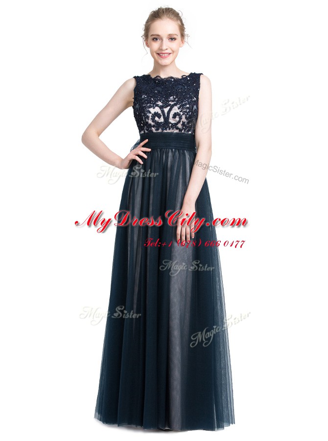 Captivating Scalloped Navy Blue Column/Sheath Beading and Lace Evening Dress Zipper Tulle Sleeveless Floor Length