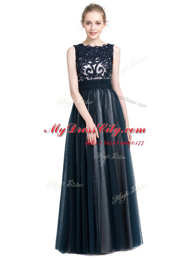 Captivating Scalloped Navy Blue Column/Sheath Beading and Lace Evening Dress Zipper Tulle Sleeveless Floor Length