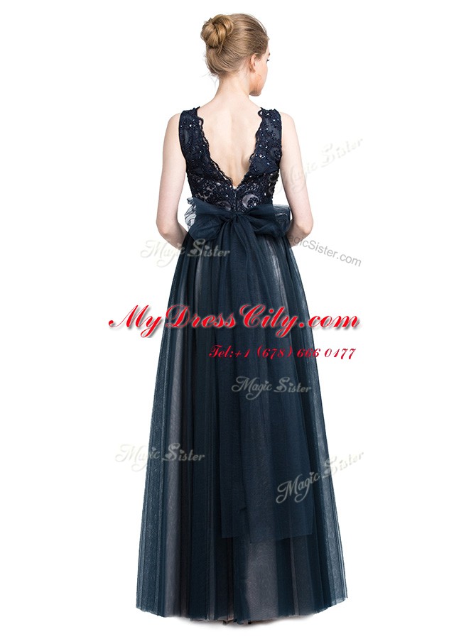 Captivating Scalloped Navy Blue Column/Sheath Beading and Lace Evening Dress Zipper Tulle Sleeveless Floor Length