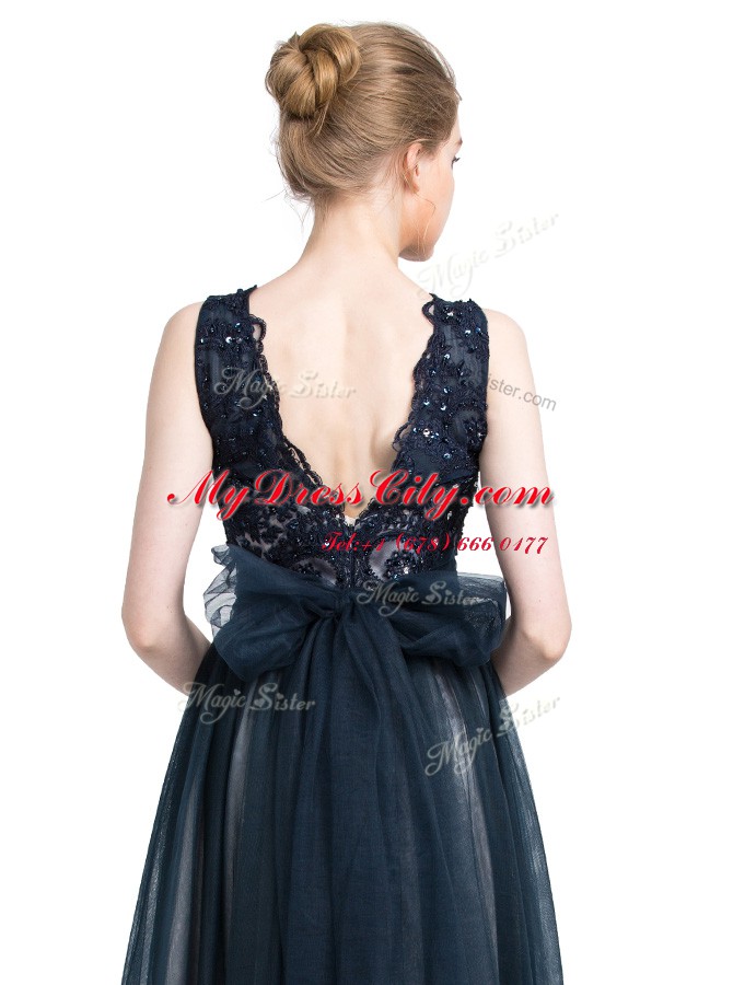 Captivating Scalloped Navy Blue Column/Sheath Beading and Lace Evening Dress Zipper Tulle Sleeveless Floor Length