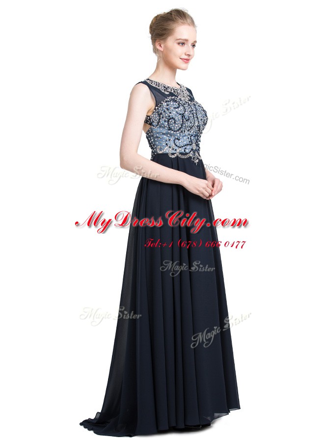 Scoop Sleeveless Brush Train Zipper With Train Beading Prom Dresses