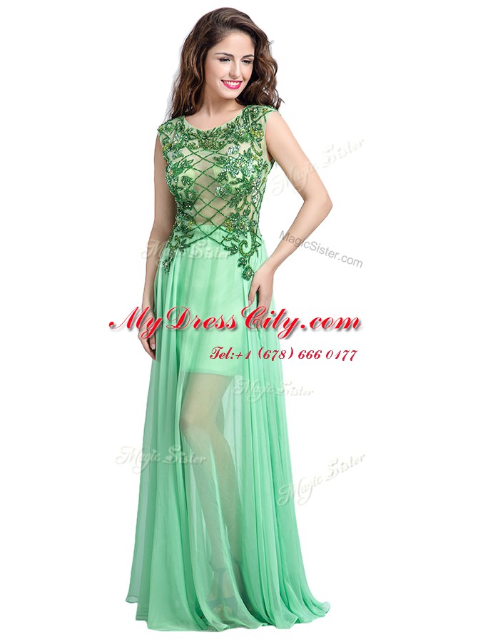 Spectacular Scoop Floor Length Apple Green Homecoming Dress Tulle Sleeveless Beading and Appliques