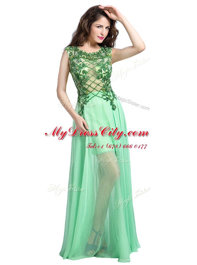 Spectacular Scoop Floor Length Apple Green Homecoming Dress Tulle Sleeveless Beading and Appliques