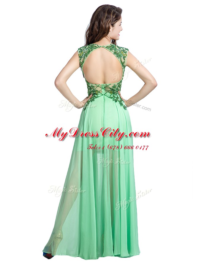 Spectacular Scoop Floor Length Apple Green Homecoming Dress Tulle Sleeveless Beading and Appliques