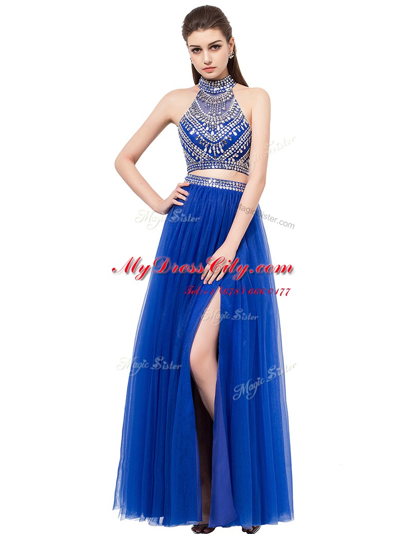 Edgy Royal Blue Square Neckline Beading Evening Dress Sleeveless Criss Cross