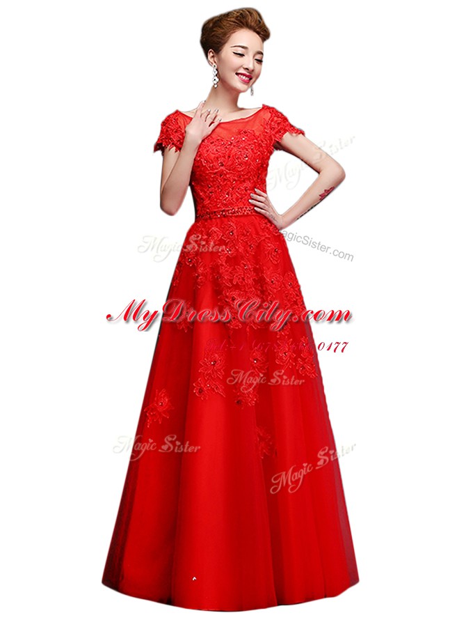 Bateau Short Sleeves Tulle Evening Dress Lace Lace Up