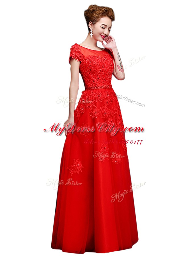 Bateau Short Sleeves Tulle Evening Dress Lace Lace Up