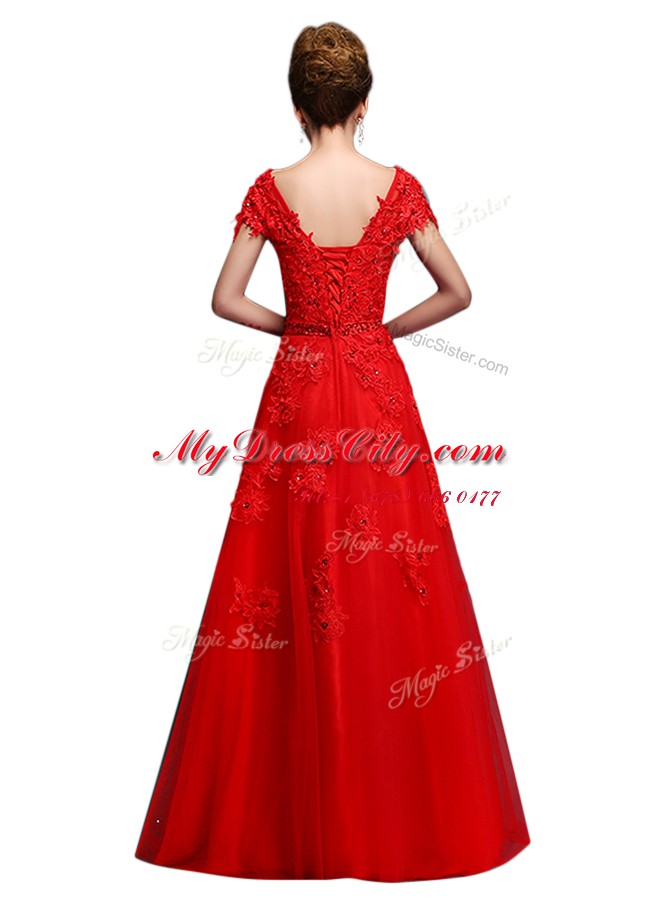 Bateau Short Sleeves Tulle Evening Dress Lace Lace Up