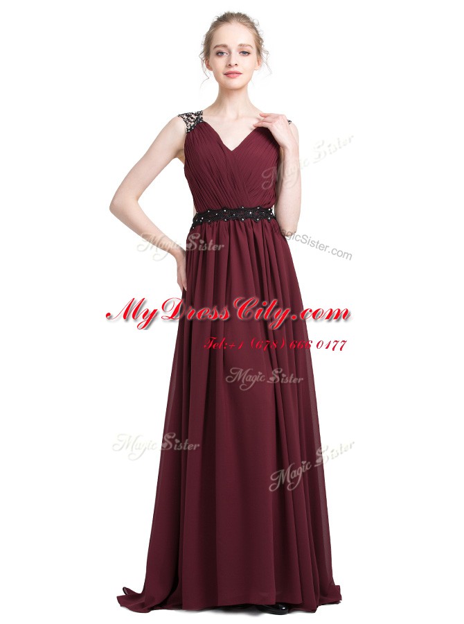 Latest Burgundy Sleeveless With Train Lace Zipper Prom Dresses