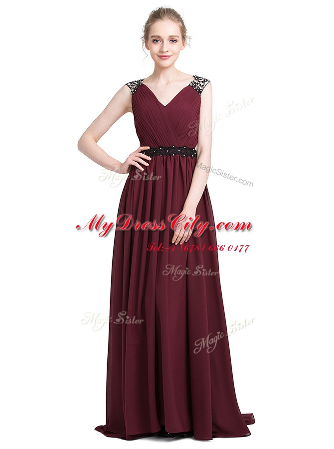 Latest Burgundy Sleeveless With Train Lace Zipper Prom Dresses