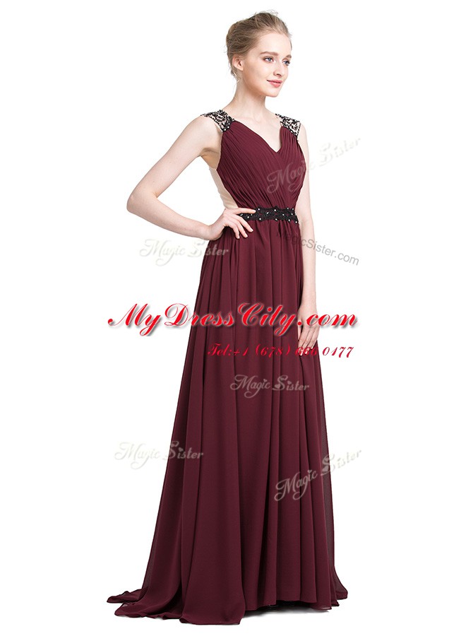 Latest Burgundy Sleeveless With Train Lace Zipper Prom Dresses