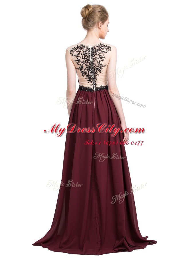 Latest Burgundy Sleeveless With Train Lace Zipper Prom Dresses