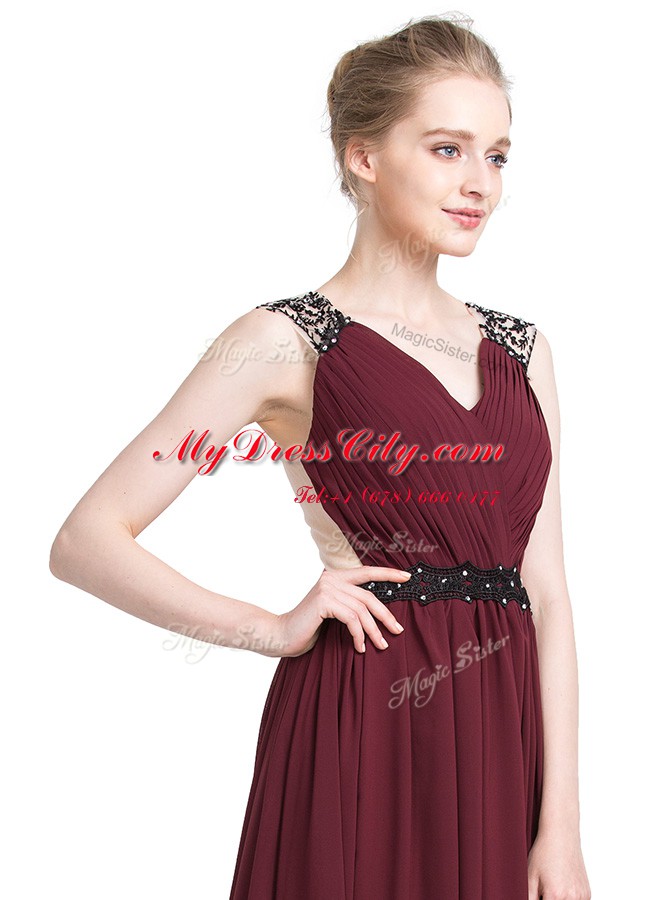 Latest Burgundy Sleeveless With Train Lace Zipper Prom Dresses