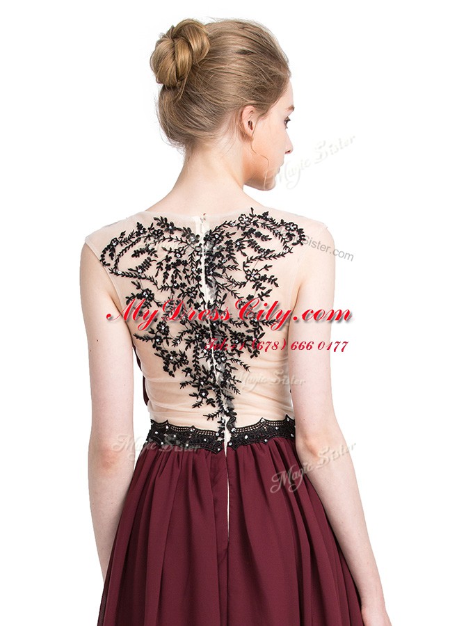 Latest Burgundy Sleeveless With Train Lace Zipper Prom Dresses