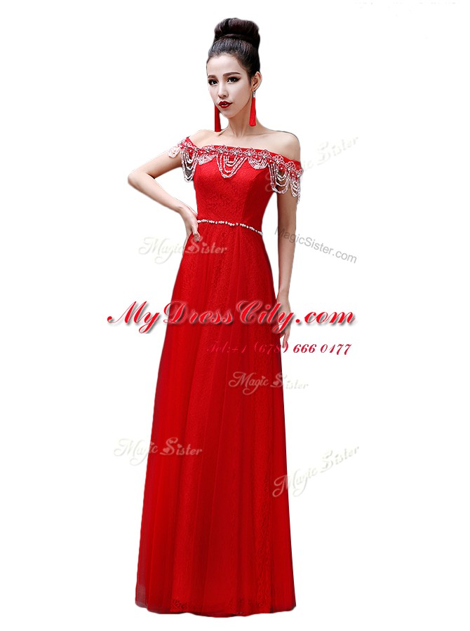 Red Off The Shoulder Lace Up Beading Prom Party Dress Sleeveless