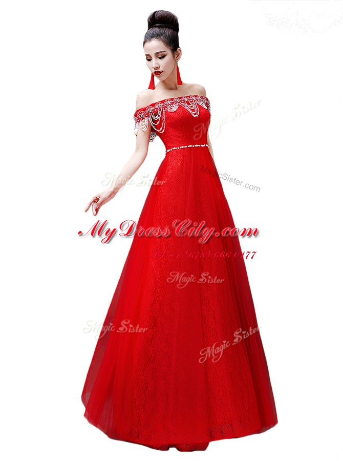 Red Off The Shoulder Lace Up Beading Prom Party Dress Sleeveless