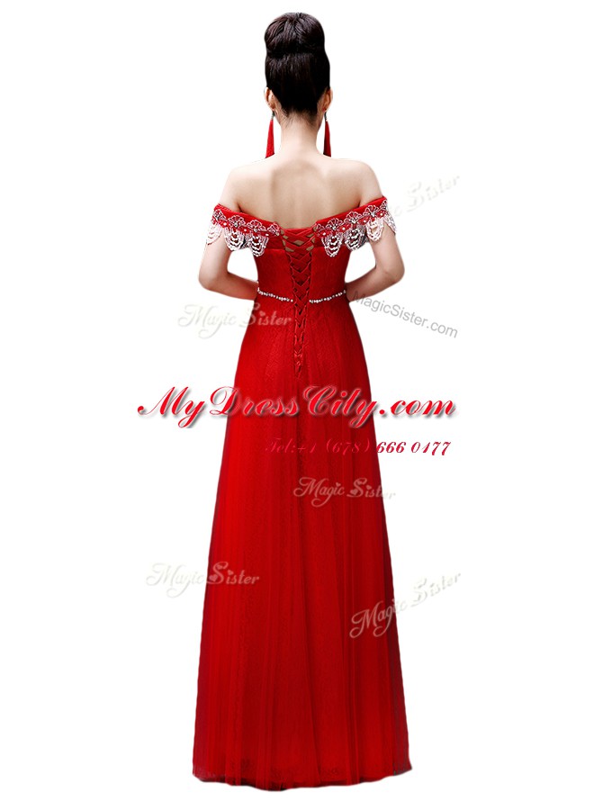 Red Off The Shoulder Lace Up Beading Prom Party Dress Sleeveless