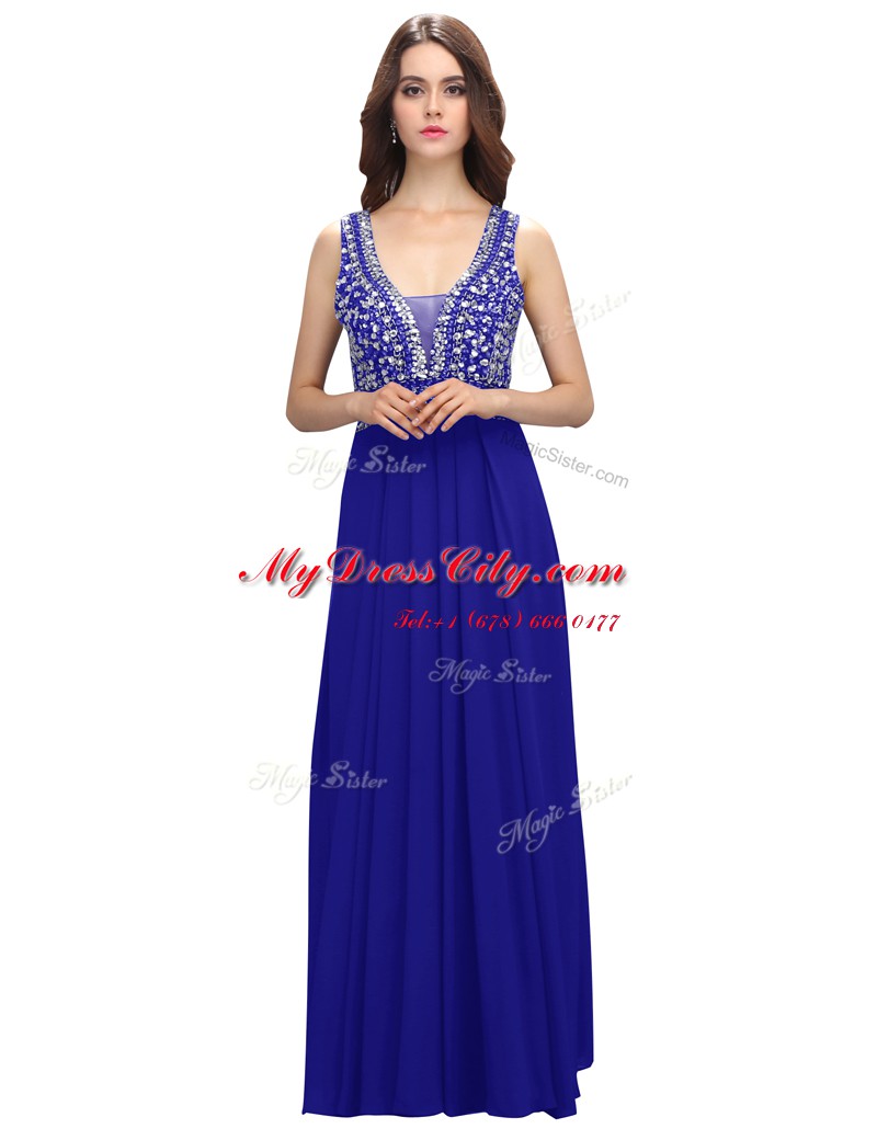 Royal Blue Sleeveless Floor Length Beading Zipper Prom Gown