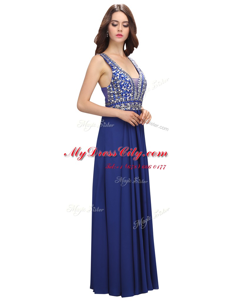 Royal Blue Sleeveless Floor Length Beading Zipper Prom Gown