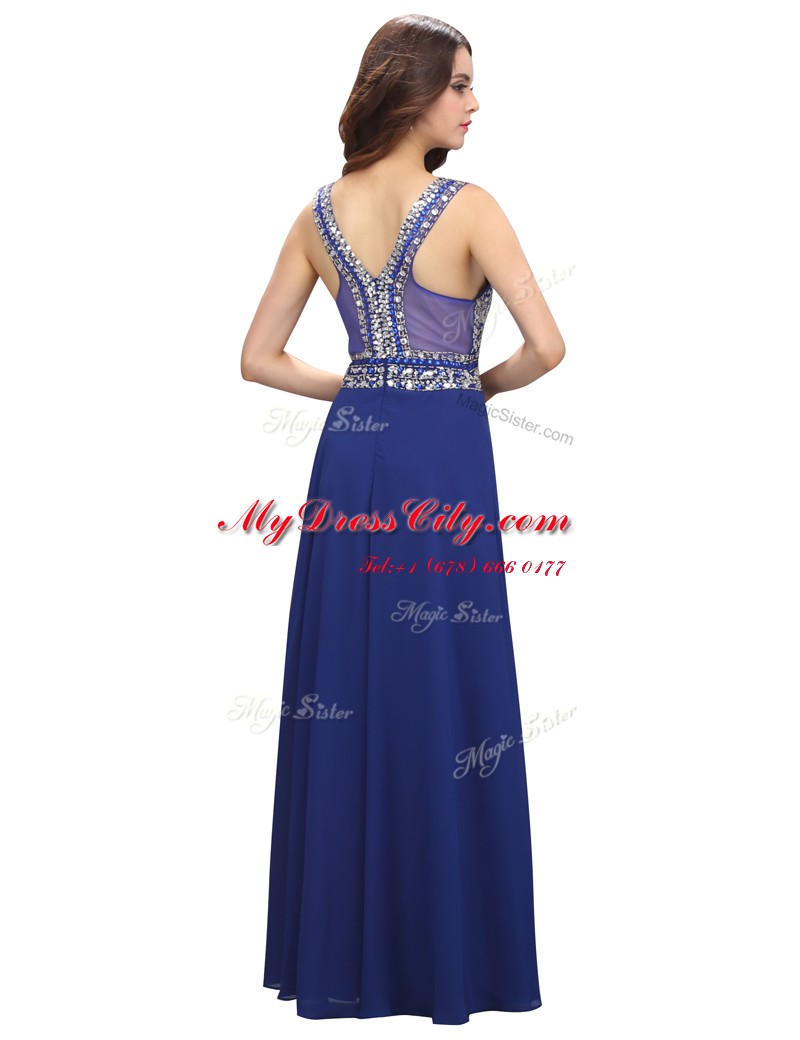 Royal Blue Sleeveless Floor Length Beading Zipper Prom Gown