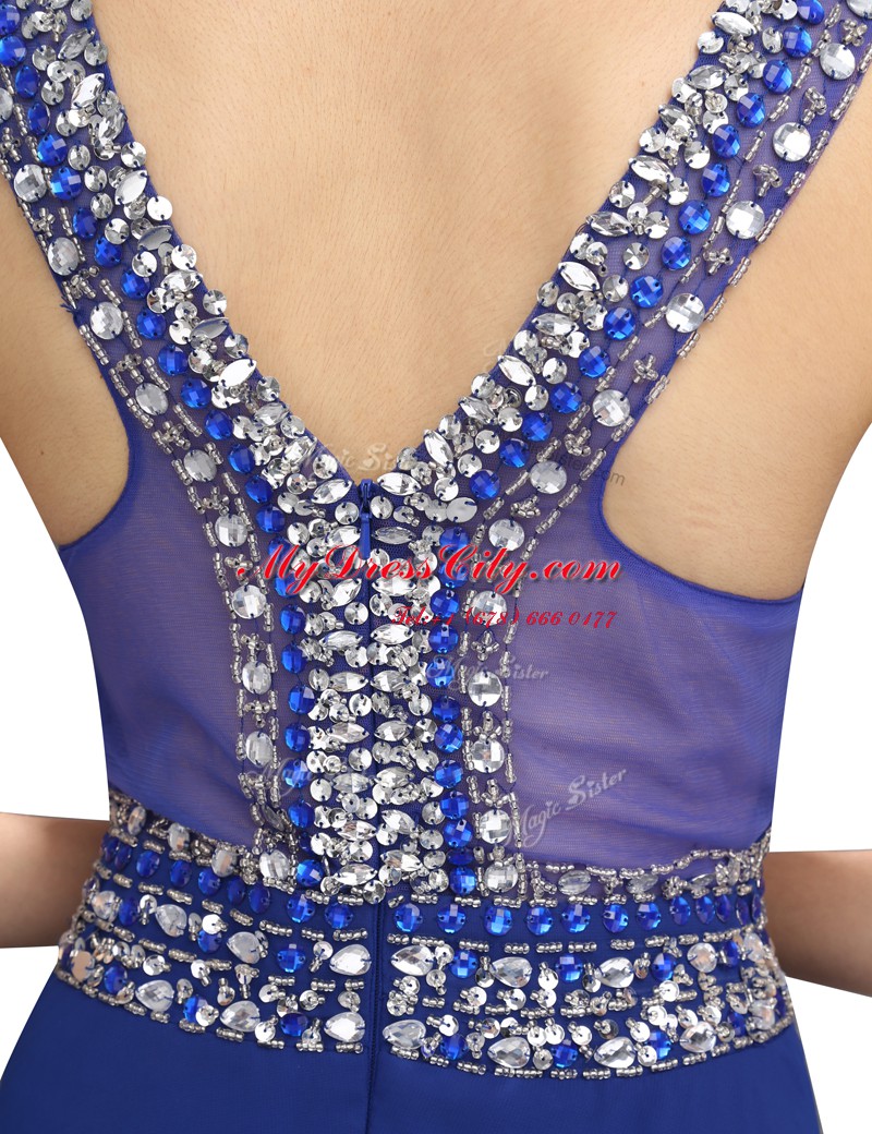 Royal Blue Sleeveless Floor Length Beading Zipper Prom Gown