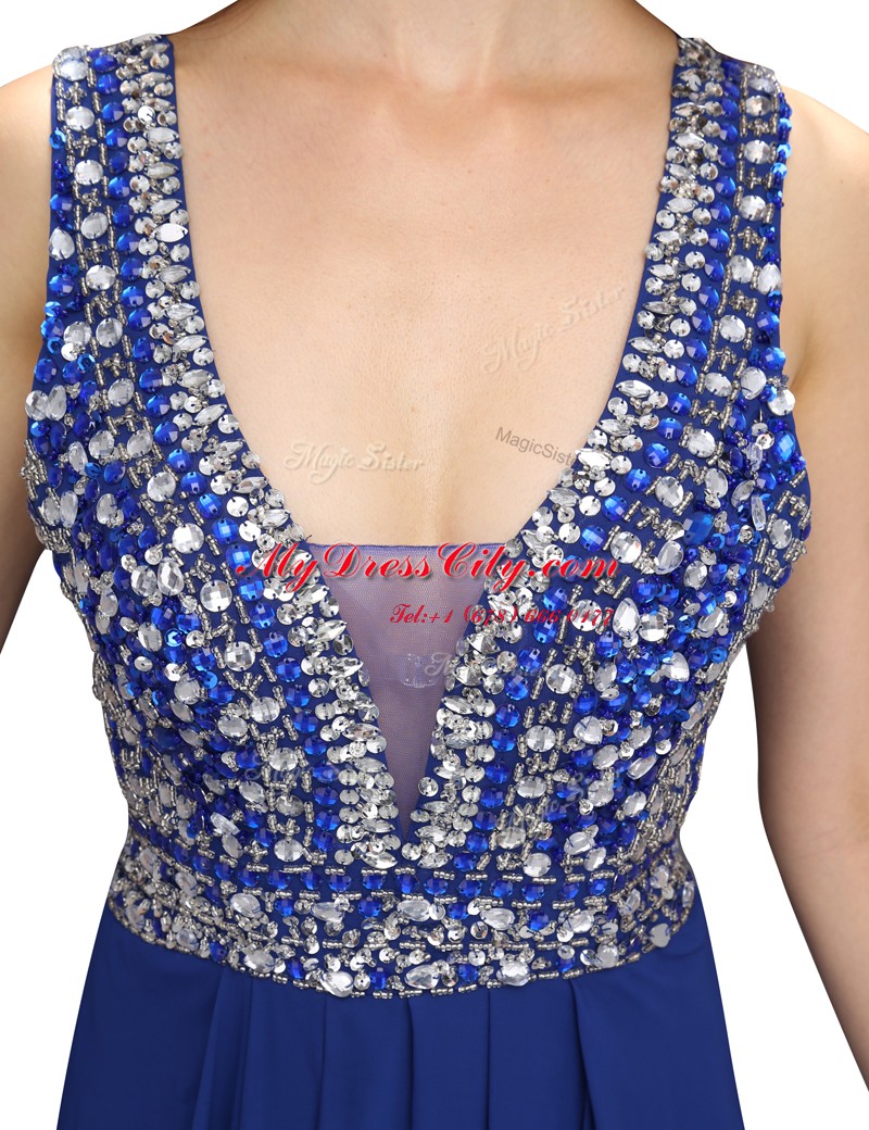 Royal Blue Sleeveless Floor Length Beading Zipper Prom Gown