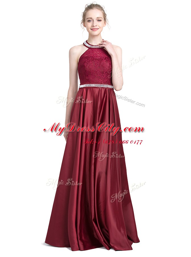 Exquisite Halter Top Sleeveless Taffeta Prom Dresses Beading and Lace Zipper