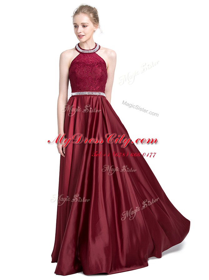 Exquisite Halter Top Sleeveless Taffeta Prom Dresses Beading and Lace Zipper