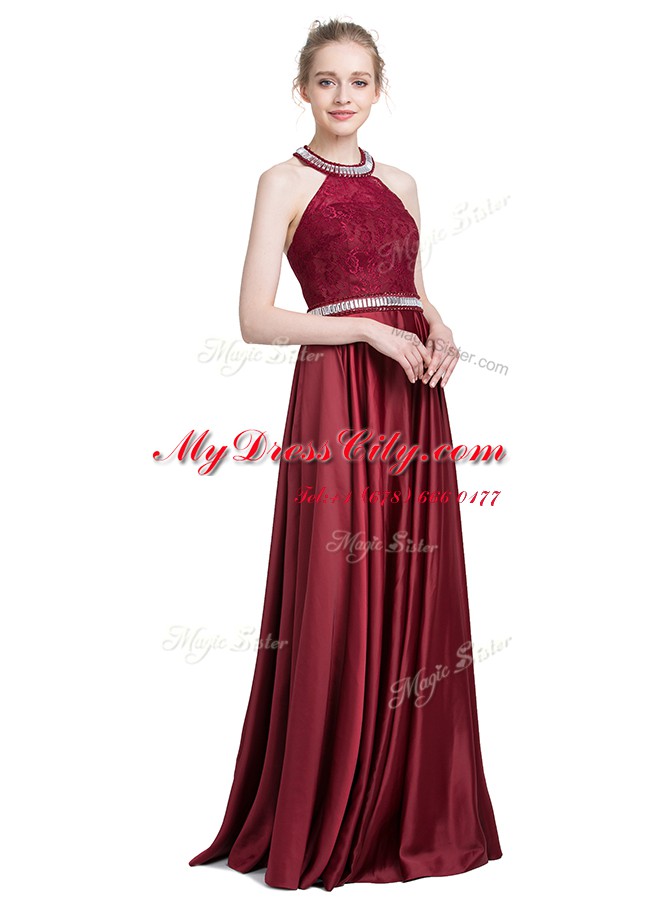 Exquisite Halter Top Sleeveless Taffeta Prom Dresses Beading and Lace Zipper