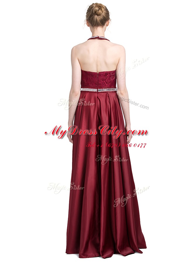 Exquisite Halter Top Sleeveless Taffeta Prom Dresses Beading and Lace Zipper